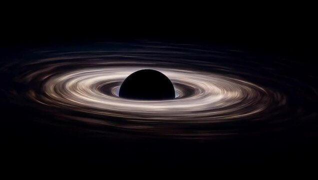 Realistic spinning black hole with glowing accretion disk, light distortion, and space lensing effects in a dark cinematic atmosphere, created with generated AI.