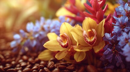 Vibrant yellow, blue, and red floral arrangement with fresh orchids, celebrating Colombia's Independence Day. A tribute to national pride and natur
