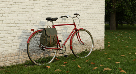 Fototapeta premium Bicycle leaning against the wall with a bag hanging from it