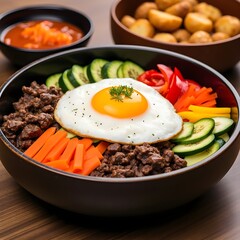 Delicious bibimbap served in a traditional bowl with fresh ingredients at a cozy restaurant