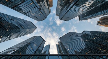 Tall buildings reach towards a cloudy sky viewed from a low angle.