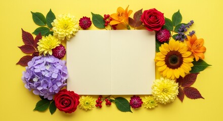Blank Notebook Surrounded by Autumn Flowers - A blank notebook is surrounded by vibrant autumn flowers and leaves, symbolizing new beginnings, creativity, nature's beauty, growth, and remembrance