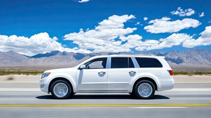 Fototapeta premium White SUV driving on a sunny highway through a desert landscape.
