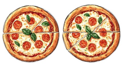 Two pepperoni pizzas with basil garnish, sliced, and presented on a white background.