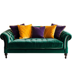 Fototapeta premium A Luxurious Velvet Sofa in Deep Emerald Green Adorne Isolated on Transparent Background