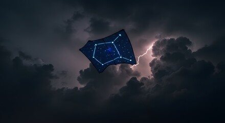 A constellation kite flying in a stormy sky with lightning flashing through the dark and ominous clouds