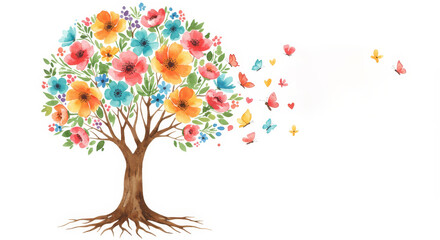Blooming Tree of Life with Butterflies - Watercolor painting of a colorful flowering tree, symbolizing growth, nature, beauty, spring, and new beginnings
