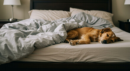 Dog sleeping in messy bed