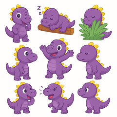 Naklejka premium Cartoon Dinosaur Collection with Different Poses and Emotions Seamless Pattern