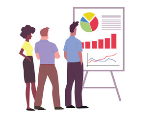 Office workers looking at board with graphs and charts - teamwork, report presentation. Vector illustration isolated on white background