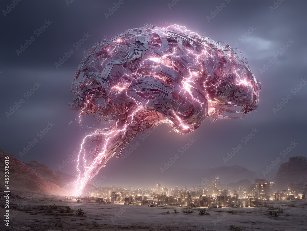 Poster giant robotic brain absorbs lightning, fueling its computational processes in a surreal landscape