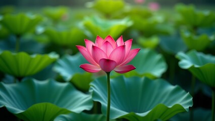 Obraz premium A single pink lotus flower stands out against a sea of green leaves
