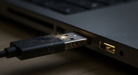Close up of a usb connector plugged into a laptop with sparks coming from the connection point