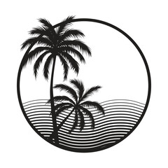 Round retro badge with silhouettes of palm trees and waves. Vector illustration isolated on white background