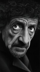 Intense monochrome portrait of an older man with textured skin, curly hair and a determined gaze in a classic, intimate style.