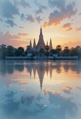 Fototapeta premium Serene Sunset Reflection at Wat Yai Chaimongkol, Ayutthaya
