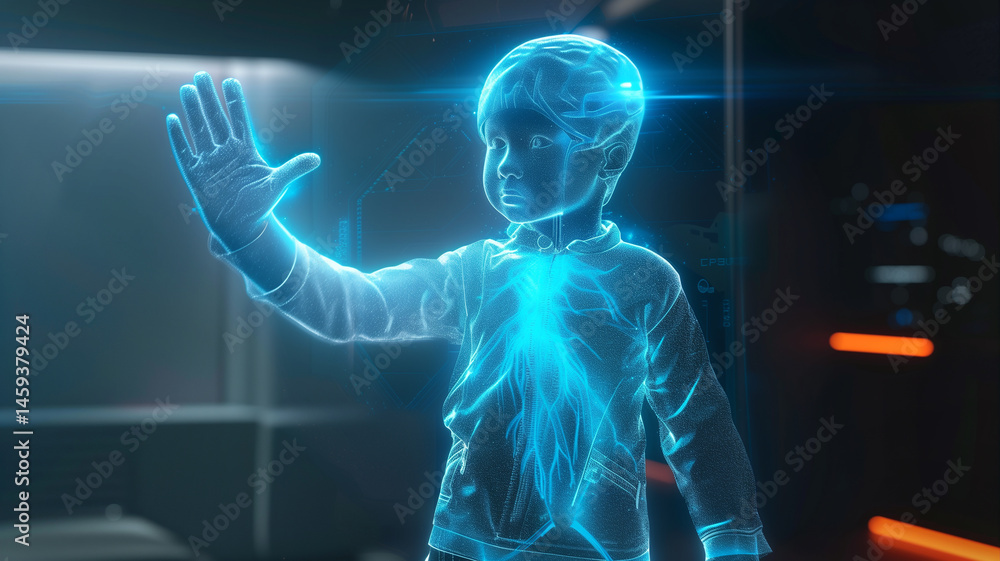 Aufkleber this young child reaches out to touch a holographic projection in an advanced digital setting.