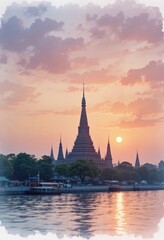 Obraz premium Wat Arun Sunset Serene River View in Bangkok, Thailand
