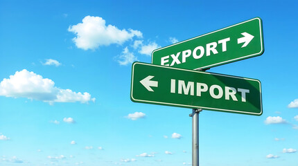 Fototapeta premium Green directional road signs showing Export and Import pointing in opposite directions against blue sky with clouds, symbolizing international trade and commerce