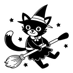 Download Cute Cat Witch Flying With Magic Broom Cartoon Vector Icon Illustration. Eps File For Design.