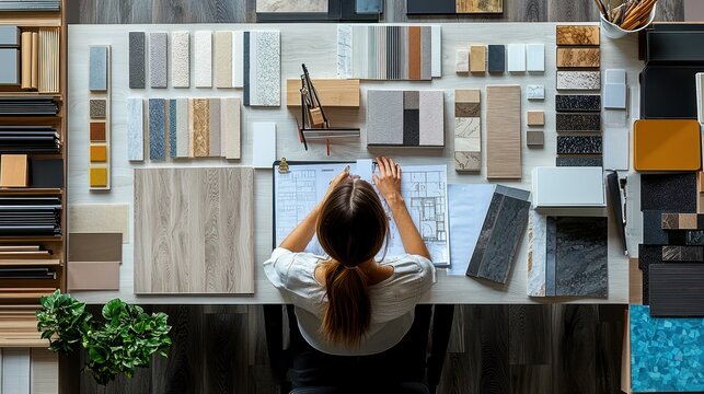 Interior designer reviewing design plans and material samples.  High angle, overhead view of a woman studying architectural plans and various color and texture samples for a home renovation project