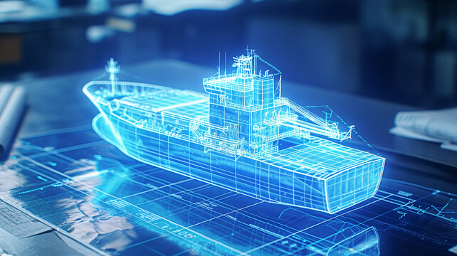 This 3D representation of a shipping vessel showcases innovative design and tracking technology.