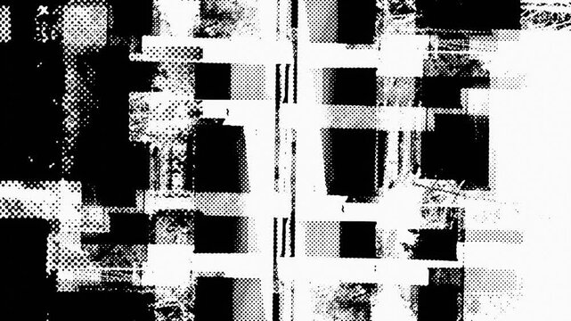 Abstract motion background featuring smoothly shifting black and white layers. Features distinct forms, rich textures, and a dynamic newspaper halftone raster effect.