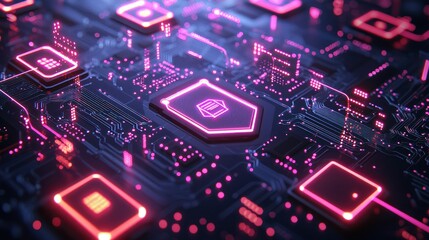Obraz premium Digital document processing system. Intricate circuit board with glowing components, highlighting a central document icon