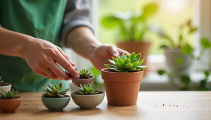 Green-thumbed individual arranging small succulent plants in pots with serene natural lighting, peaceful gardening concept.