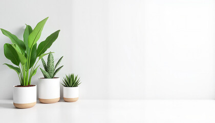 Minimalist indoor plant arrangement in white pots showcasing green foliage against a clean background, modern branding concept.