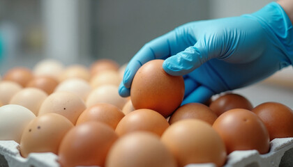 A hand in a blue latex glove picking up a brown organic egg from a grid of multicolored eggs, emphasizing hygiene and sustainable food sourcing.