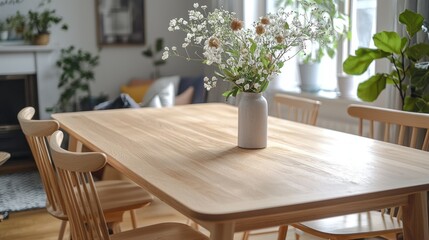 Light-filled dining room with a simple wooden table and chairs.  A vase of delicate white flowers sits on the center of the table