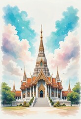 Fototapeta premium Serene Wat Arun A Watercolor Painting of Bangkok's Iconic Temple