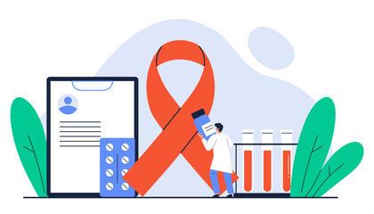 World AIDS day awareness concept. HIV diseases. Red Ribbon and medical equipment. Cancer prevention and treatment. Isolated vector illustration in cartoon style
