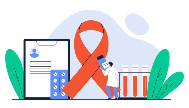 World AIDS day awareness concept. HIV diseases. Red Ribbon and medical equipment. Cancer prevention and treatment. Isolated vector illustration in cartoon style
 - Powered by Adobe