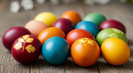 Colorful Easter Eggs on Wooden Surface - A collection of vibrantly colored Easter eggs, some decorated with leaf patterns, rest on a rustic wooden table