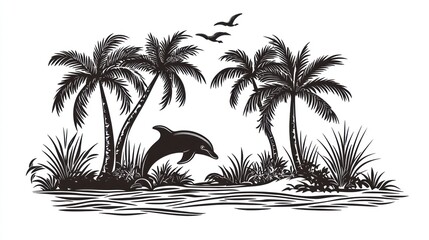 Tropical island scene with dolphin