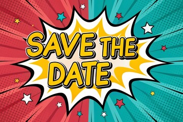 Save the date message in comic book style with stars and halftone background