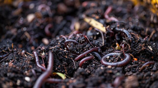 Close-up of earthworms and other decomposers in rich dark soil with organic matter, showing ecosystem in fertile compost.