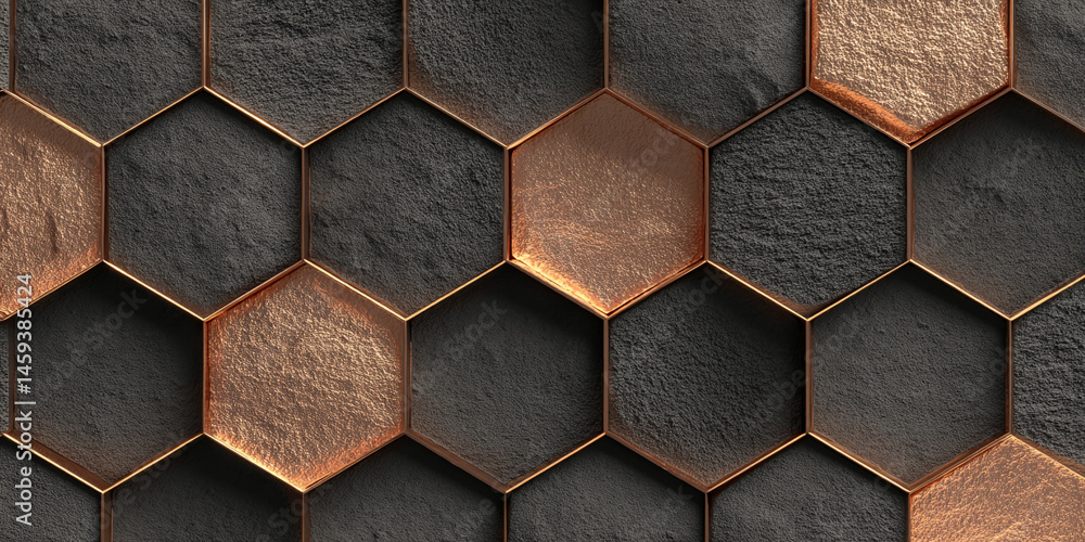 Poster geometric hexagon pattern, dark gray and copper textures, metallic frames, creating a modern and lux