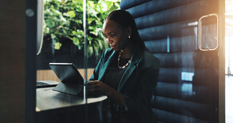 Tablet, office and businesswoman in cubicle for company budget review and accounting news....