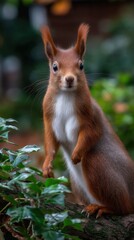 Fototapeta premium Curious Squirrel Standing Upright in Forest Environment Looking Directly at Camera