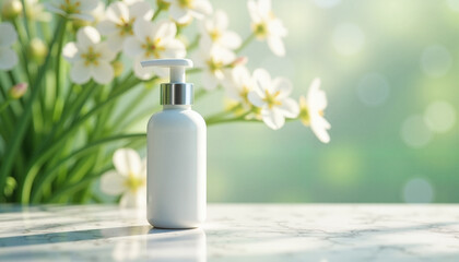 Sleek white cosmetic pump bottle elegantly placed on a clean marble surface with blurred green and white floral background, evoking a calming spa experience.