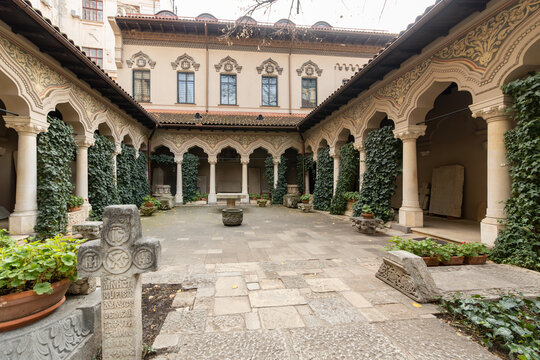 Courtyard in Stavropoleos Monastery Church in Bucharest, Romania. Travel to Bucharest, Romania