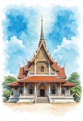 Naklejka premium Majestic Thai Temple Watercolor Painting Architectural Splendor
