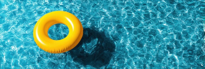 Bright Yellow Swimming Pool Ring Float Floating Gracefully in Sparkling Blue Water on a Sunny Summer Day Generative AI