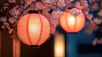 Fototapeta premium Pink Paper Lanterns and Cherry Blossoms Hanging from Tree