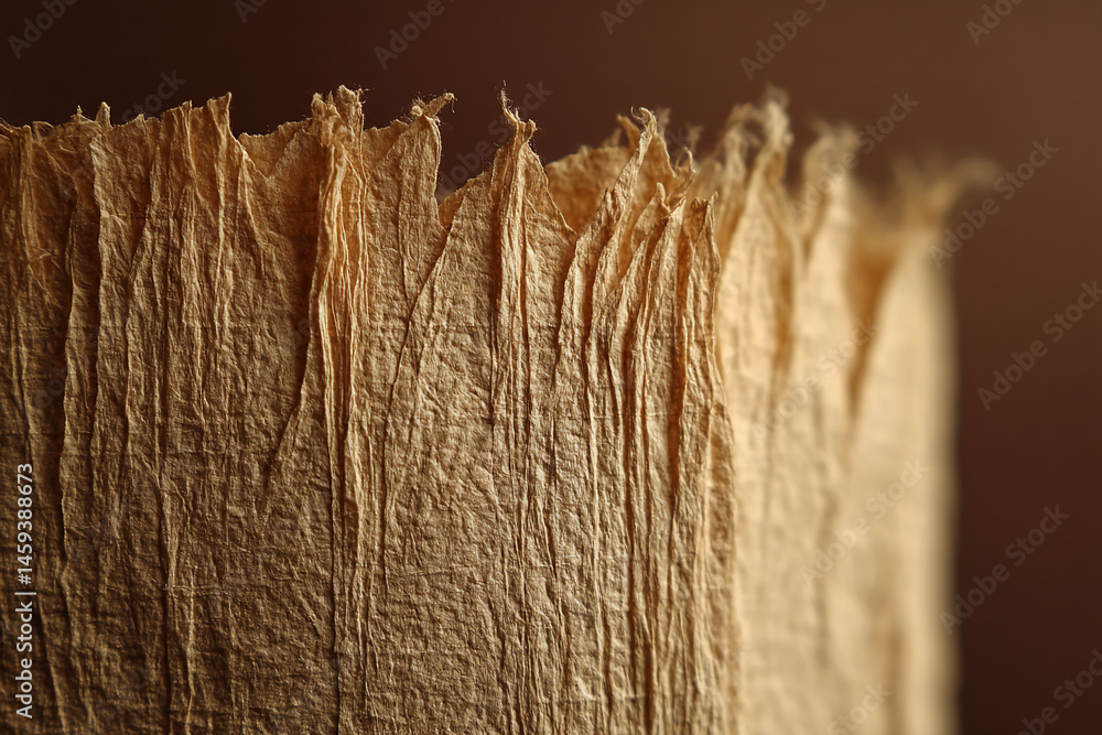Poster close-up of beige textured paper, showing crumpled, uneven surface and frayed edges, suggesting age 