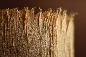Close-up of beige textured paper, showing crumpled, uneven surface and frayed edges, suggesting age and fragility, ideal for vintage or rustic design
