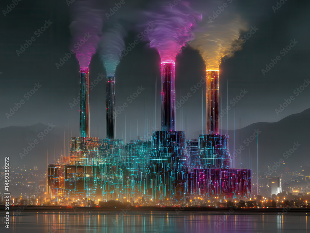 Poster power station transforms into ai supercomputer with surreal energy currents in futuristic digital la